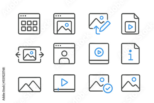 Web and media icons collection with photo, video, and editing symbols
