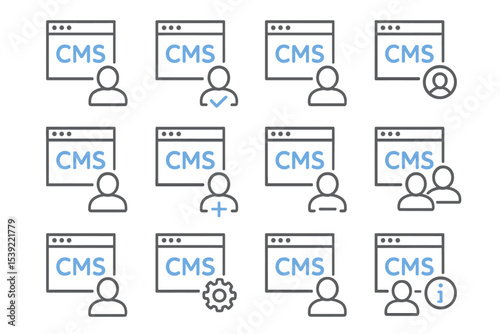 Cms interface icons on gray background: user management and settings