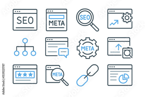 Neon blue seo and meta icons on dark background for digital marketing