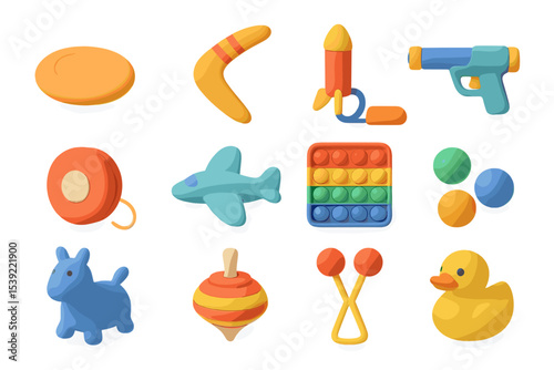 Colorful assortment of toys including pop-it, water gun, and rubber duck