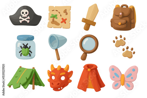 Colorful adventure icons featuring pirate hat, map, sword, and dragon