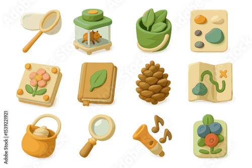 Clay wilderness exploration icons with nature and adventure themes