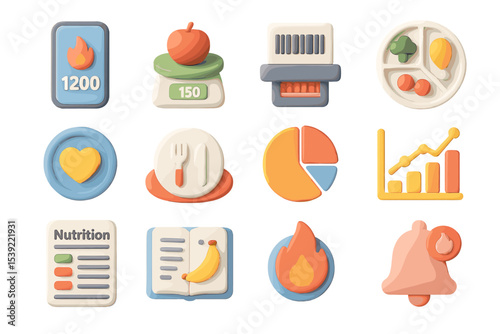 Colorful 3d nutrition and health icons on gradient background