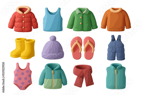 Colorful array of children's winter and summer clothing items