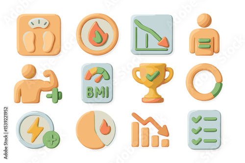 Colorful fitness and health icons for weight loss and exercise goals