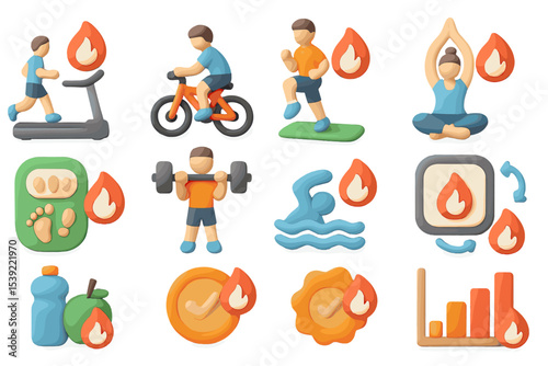 Colorful fitness activity icons including yoga, cycling, running, and health trackers