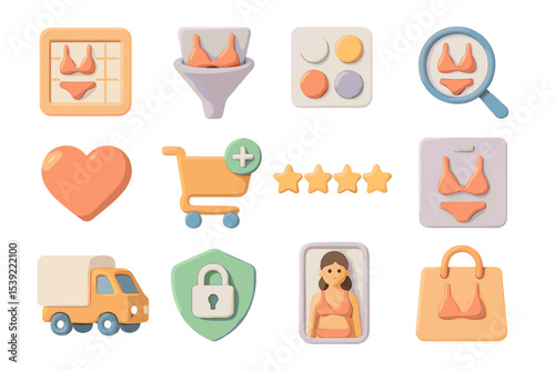 Online shopping and security icons with female in swimwear