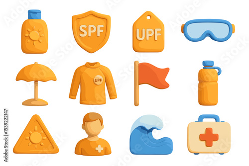 Cartoon sunscreen icons featuring spf upf goggles and first aid kit