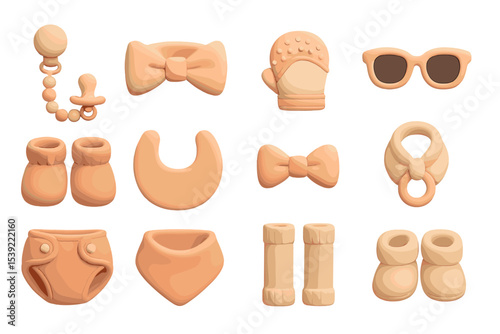 Pastel baby accessories collection including mittens, moccasins, and sunglasses