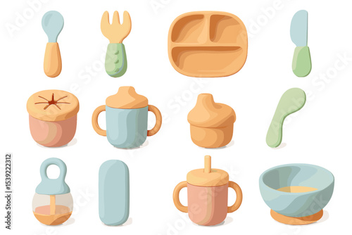 Pastel silicone baby utensils and dinnerware set for mealtime