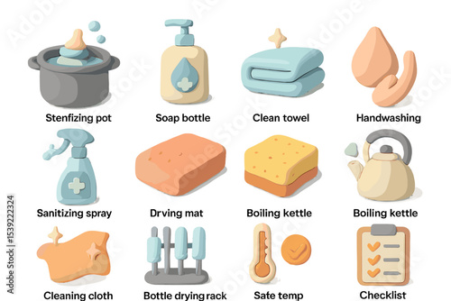 Soft 3d icons of kitchen and hygiene items with cute designs