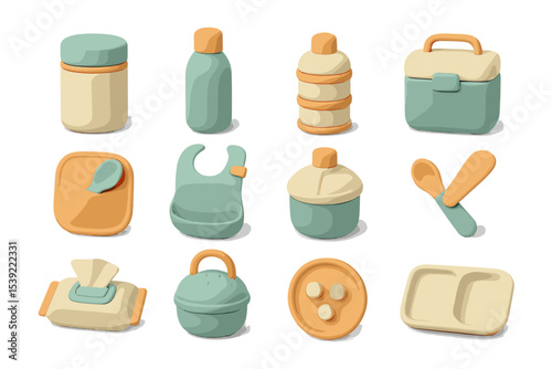 Colorful baby feeding set with containers, utensils, and accessories