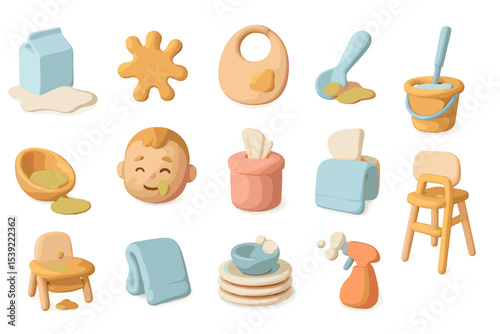 Pastel baby items and utensils collection on blurred background