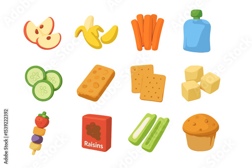 Colorful assorted snack icons with fruits and vegetables on gradient background