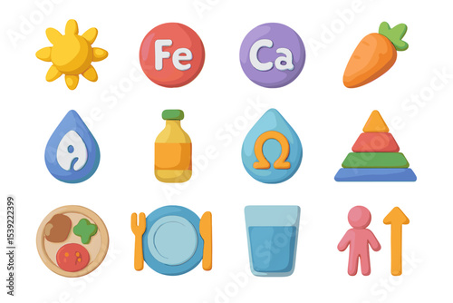 Colorful nutrient and food icons including sun, carrot, and water