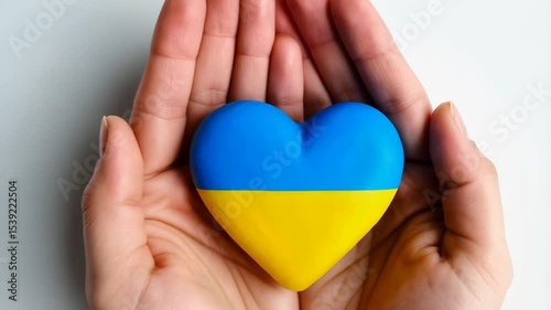 Heart shape with blue and yellow stripes in open hands against a white background representing cultural identity.