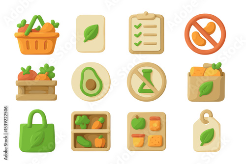 Eco-friendly food icons featuring produce, shopping, and no chemicals