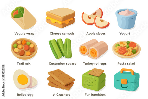 Assorted lunchbox snacks: wraps, sandwich, fruit, yogurt, trail mix, pasta salad