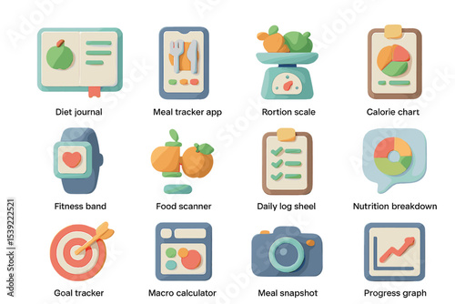 Colorful health and fitness app icons for nutrition and exercise tracking