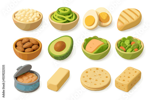Assorted healthy foods: vegetables, proteins, nuts, and cheese variety