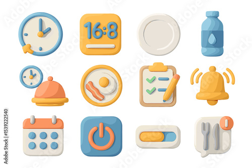 Intermittent fasting icons set with clock, meal, calendar, and alarm symbols