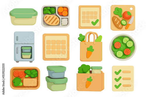 Colorful food-themed icons with containers, vegetables, and checklists