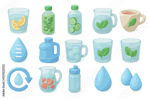 Variety of refreshing drinks and water-themed icons with fruits and leaves