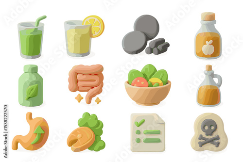 Healthy drinks and digestion-themed icons for wellness and nutrition