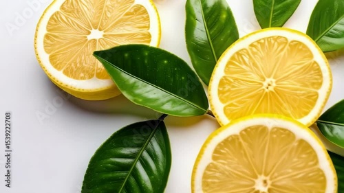 Overhead shot of sliced lemons with green leaves on a white backdrop featuring citrus halves and a quarter segment of juicy fruit