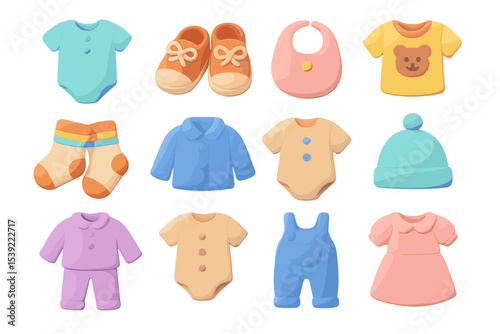 Colorful assorted baby clothing and accessories on gradient background