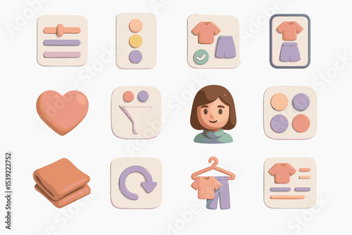 Colorful pastel 3d icons with female avatar and clothing elements