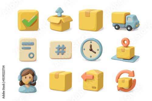 Colorful parcel icons with delivery symbols and customer service representation