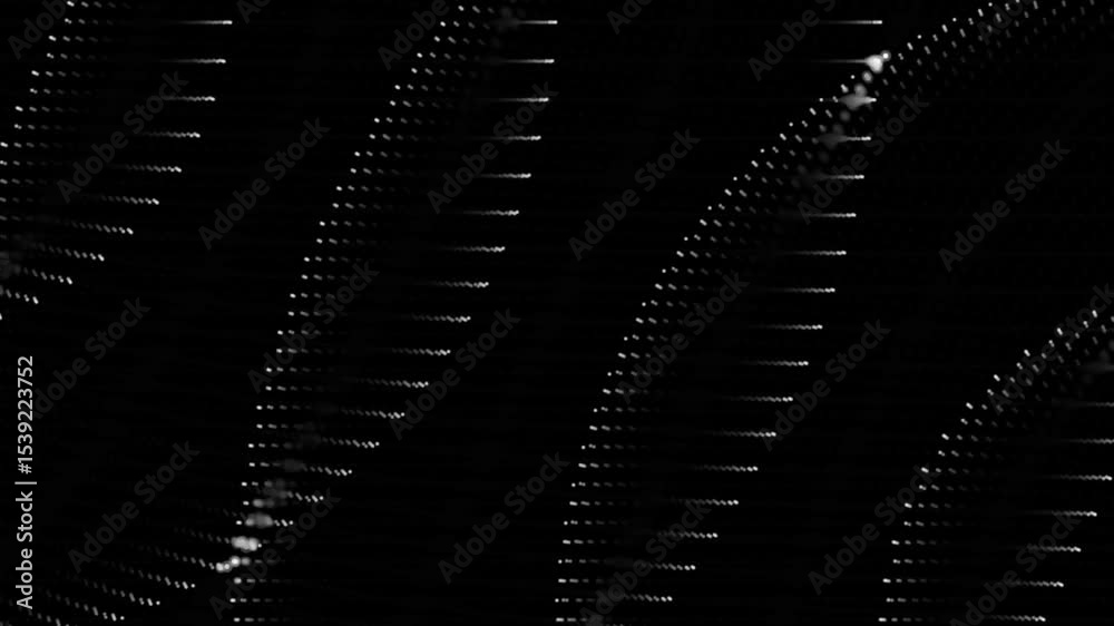 Geometric pulse field of white dots expanding in interference rings from opposite corners, where pulses overlap they flicker brightly