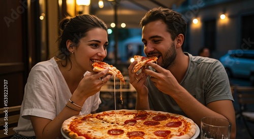 Joyful couple eating a large pepperoni pizza with dripping cheese at an outdoor restaurant
