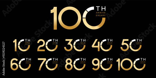 Set of modern vector logo designs for 10th to 100th anniversary, in gold color for celebrations, weddings and birthdays