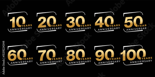 Set of modern vector logo designs for 10th to 100th anniversary in rectangle or box, with gold color for celebrations, weddings and birthdays