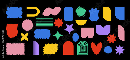 Trendy abstract geometric Y2K Brutalist colorful shapes. Bold brutalist forms blend with playful colorful triangles, circles, heart, abstract forms, vector