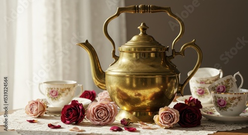 Golden teapot and roses still life