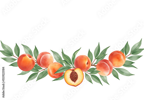 Watercolor peaches with leaves arranged in a decorative style  