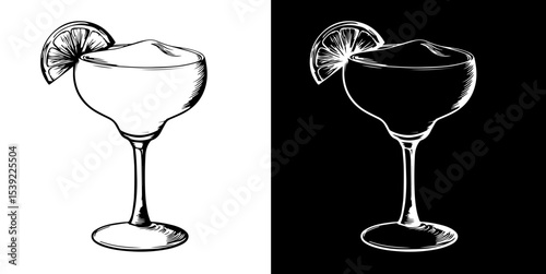 Alcoholic cocktail daikiri garnished with a lime wedge in a glass isolated on white and black background, vector illustration for menu