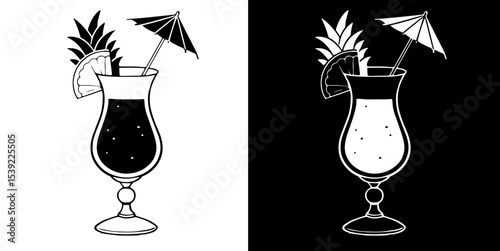Alcoholic cocktail blue lagoon in a glass decorated with slice of pineapple and an umbrella isolated on white and black background, vector illustration for menu