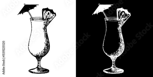 Alcoholic cocktail blue lagoon in a glass decorated with slice of pineapple and an umbrella isolated on white and black background, vector illustration for menu