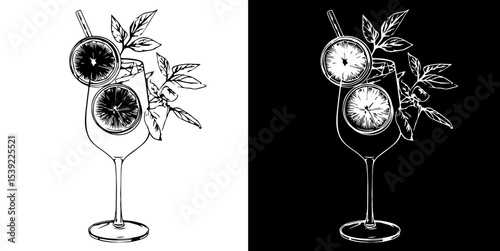 Alcoholic cocktail Aperol Spritz in a glass decorated with orange slices isolated on white and black background, vector illustration for menu