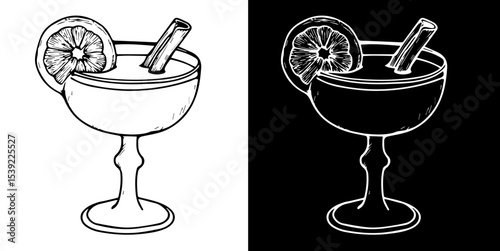 Alcoholic cocktail mulled wine decorated with cinnamon sticks and citrus slices in a glass isolated on white and black background, vector illustration for menu