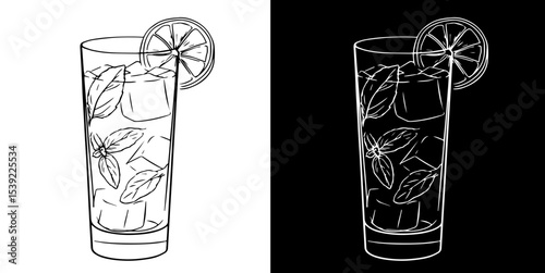 Alcoholic cocktail Mojito with mint leaves, ice and citrus slices in a glass isolated on white and black background, vector illustration for menu