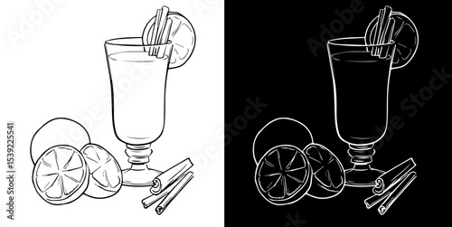 Alcoholic cocktail mulled wine decorated with cinnamon sticks and citrus slices in a glass isolated on white and black background, vector illustration for menu