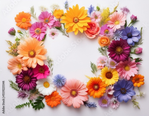 a scattering of colorful summer flower framing isolated on white background