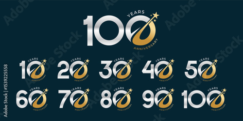 Set of modern vector logo designs for 10th to 100th anniversary with stars, in gold color for celebrations, weddings and birthdays