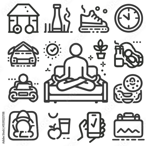Line art icons representing lifestyle, wellness, and daily activities  
