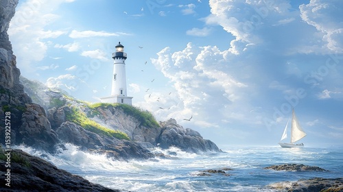 Lighthouse standing guard over a tranquil ocean scene.